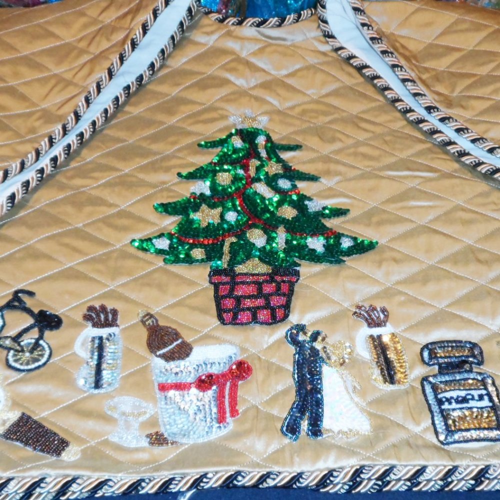 Silk Christmas Tree Skirt Gold with Christmas Gifts 48" Hexagon